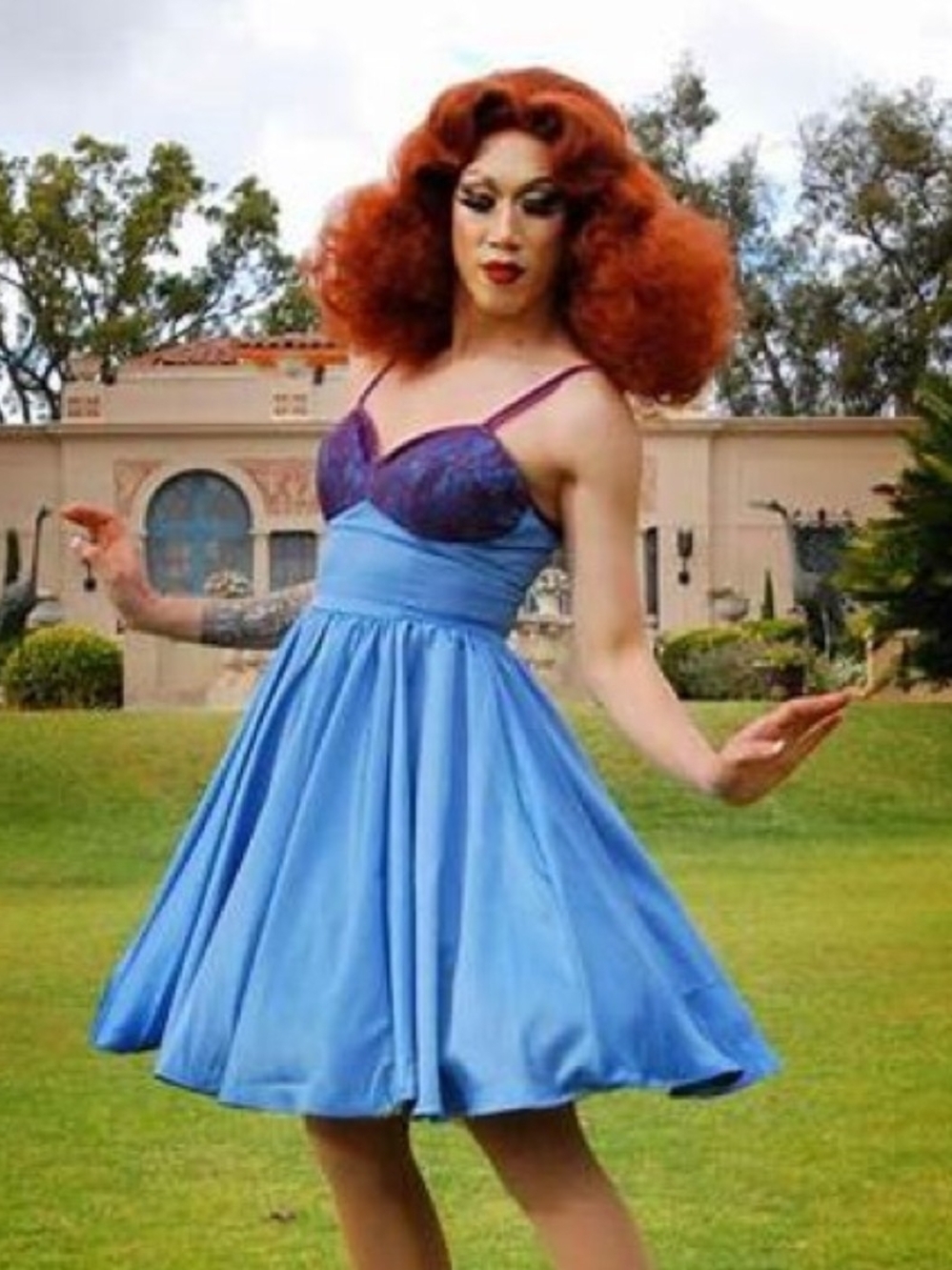 Pinup Couture Blue Skater Dress with Purple Lace Bust XL NWT